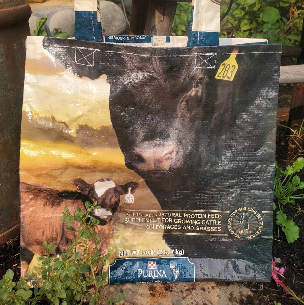 Upcycled Feed Bag Steer Tote